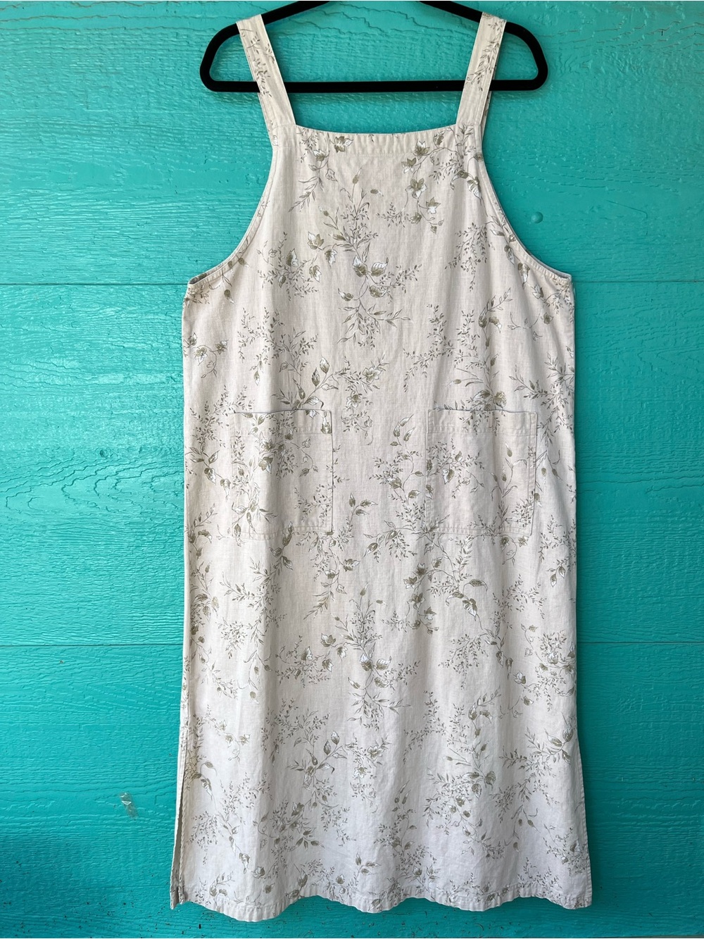 Vintage Linen Blend Apron Jumper Maxi Dress Flax & Moss Floral Print Large - Picture 2 of 7